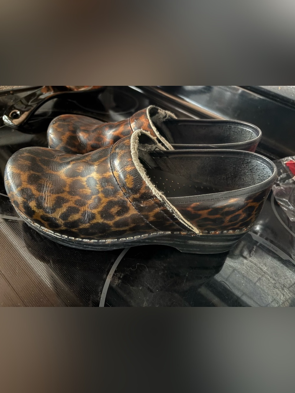 Dansko Leopard Print Leather Clogs - Black and Brown